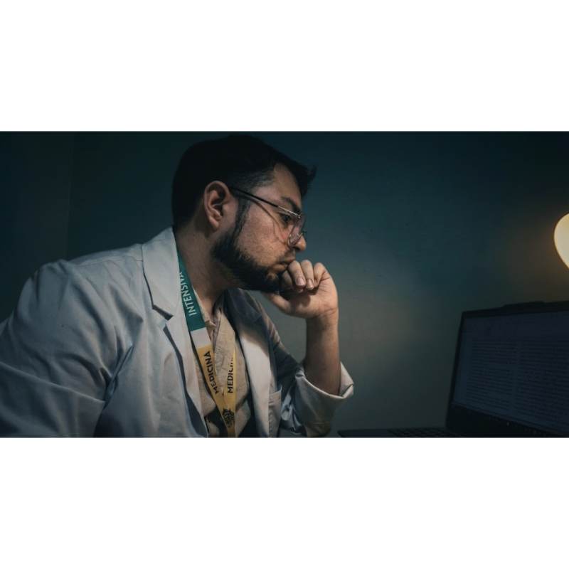 Dr. Sebastián Alfaro residente de medicina intensiva analizando datos en computador